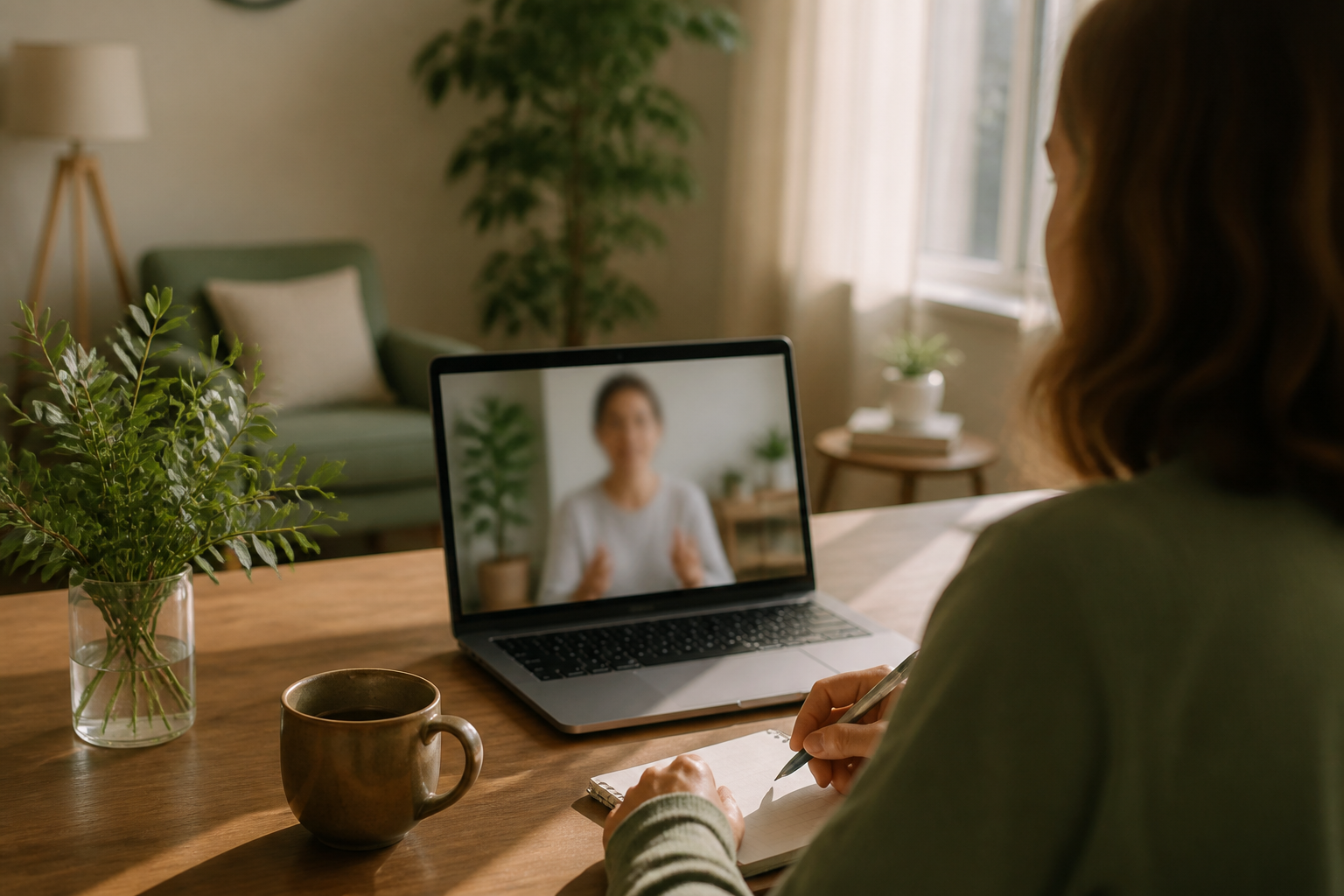 Calm online coaching workspace with soft natural light